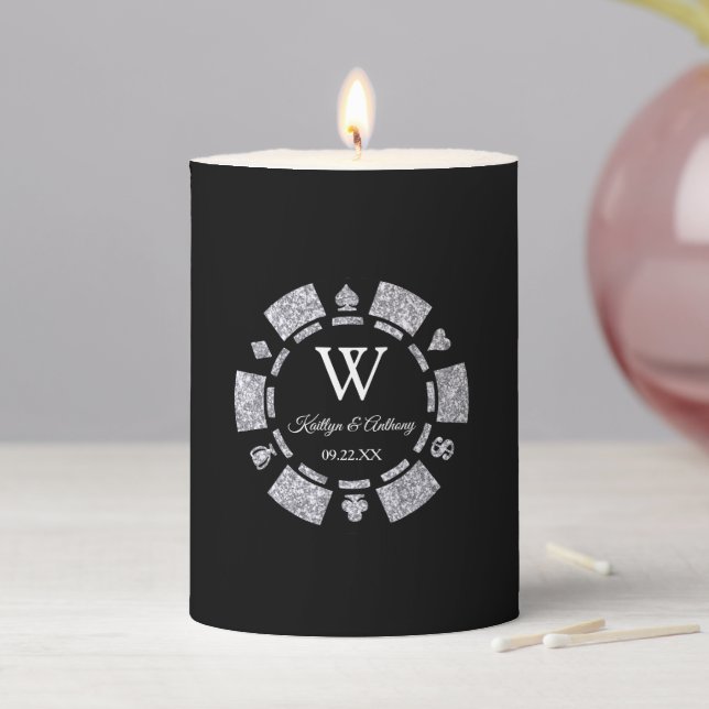Silver Glitter Monogram Poker Chip Casino Wedding Pillar Candle (In Situ)