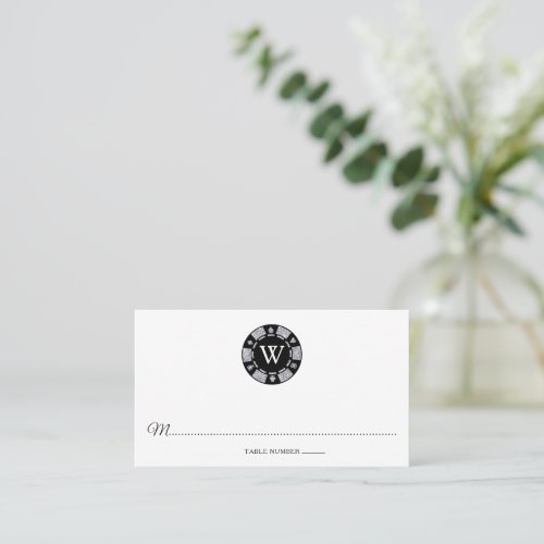 Silver Glitter Monogram Poker Chip Casino Wedding Place Card