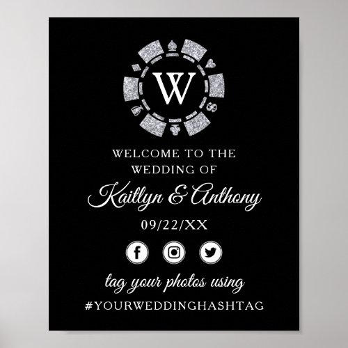 Silver Glitter Monogram Poker Chip Casino Wedding Poster