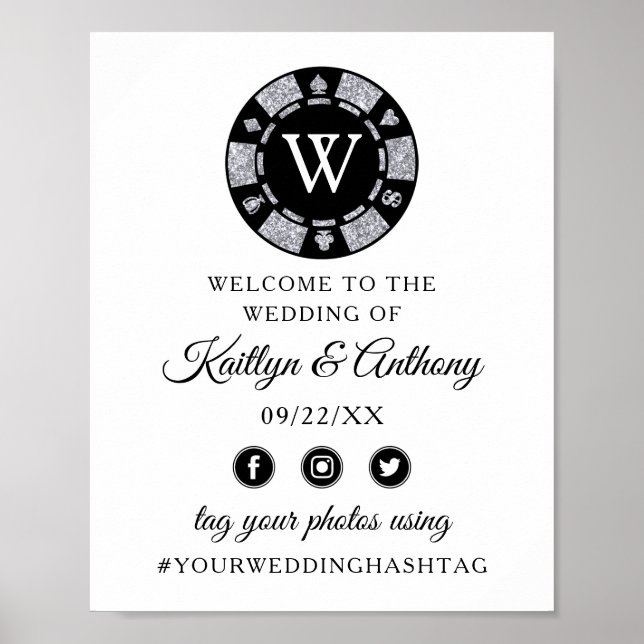 Silver Glitter Monogram Poker Chip Casino Wedding Poster (Front)