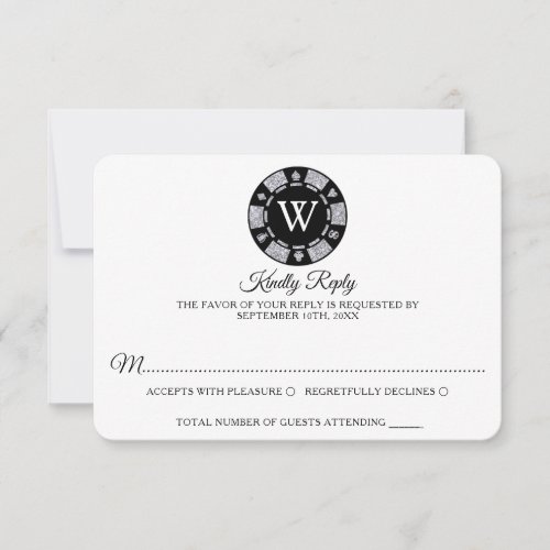 Silver Glitter Monogram Poker Chip Casino Wedding RSVP Card