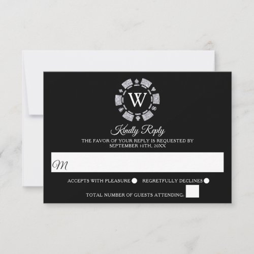 Silver Glitter Monogram Poker Chip Casino Wedding RSVP Card