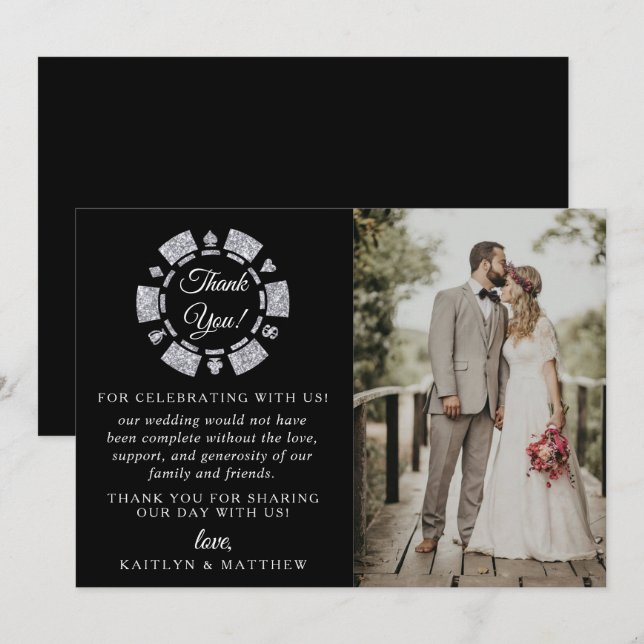 Silver Glitter Monogram Poker Chip Casino Wedding Thank You Card (Front/Back)