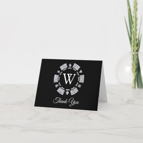 Silver Glitter Monogram Poker Chip Casino Wedding Thank You Card