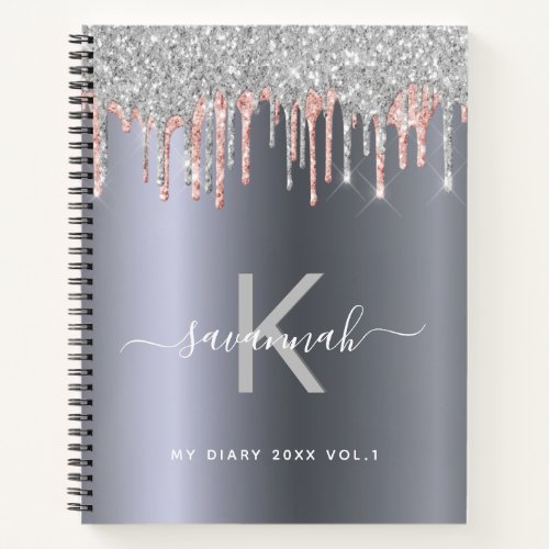 Silver glitter monogram rose gold pink diary girly notebook