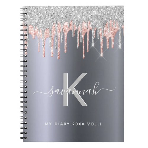Silver glitter monogram rose gold pink diary notebook