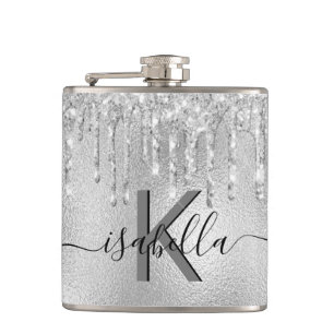 Silver glitter monogram script flask