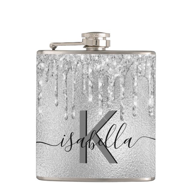 Silver glitter monogram script flask (Front)