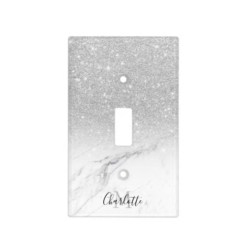 Silver glitter monogram trendy white marble light switch cover