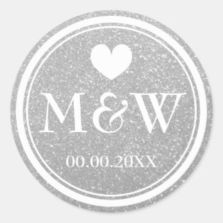 Silver glitter monogram wedding favor stickers