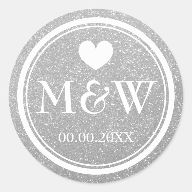 Silver Glitter Monogram Wedding Favor Stickers