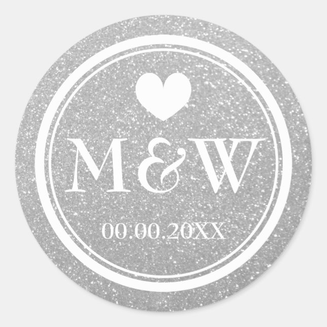Silver glitter monogram wedding favor stickers (Front)