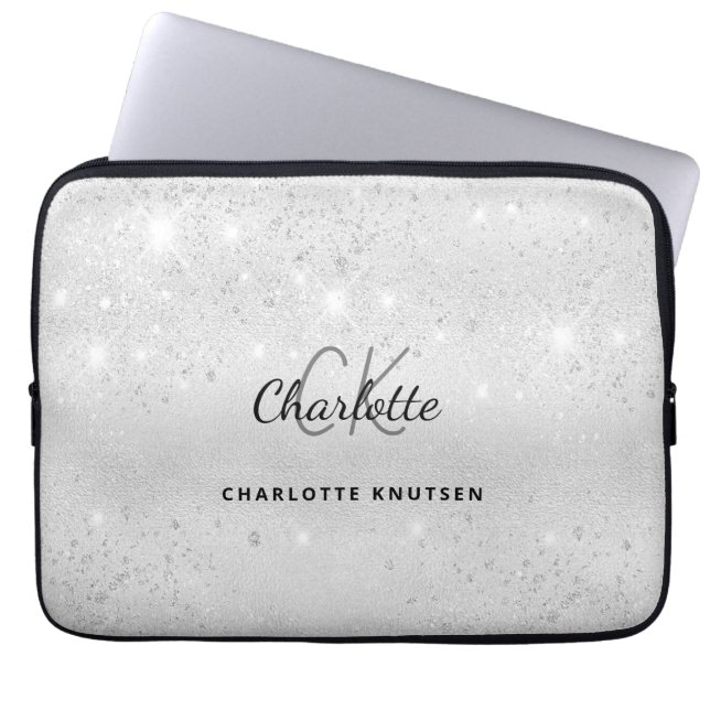 Silver glitter monogrammed laptop sleeve (Front)