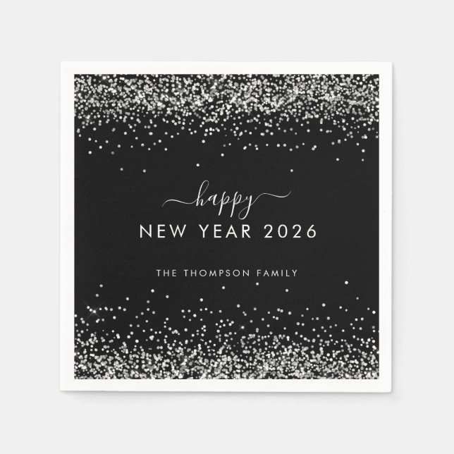 Silver Glitter Name Black Happy New Year 2026 Napkins (Front)