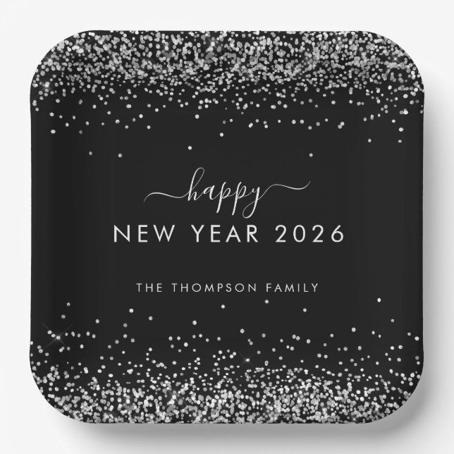 Silver Glitter Name Black Happy New Year 2026 Paper Plates (Front)