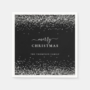 Silver Glitter Name Black Merry Christmas Napkins