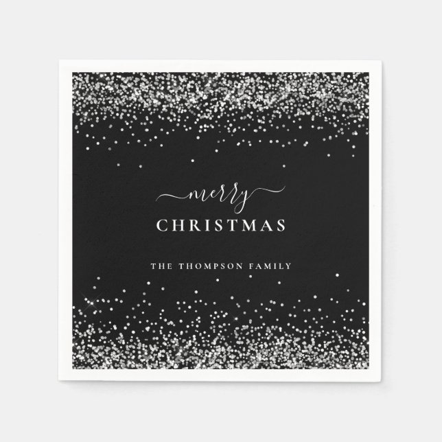 Silver Glitter Name Black Merry Christmas  Napkins (Front)