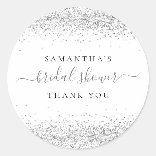 Silver Glitter Name Bridal Shower Thank You Classic Round Sticker (Front)