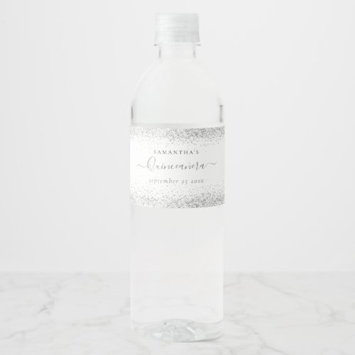 Silver Glitter Name Date Quinceaera Water Bottle Label