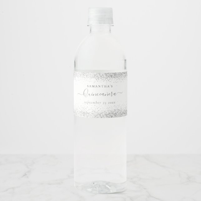 Silver Glitter Name Date Quinceañera Water Bottle Label (Front)