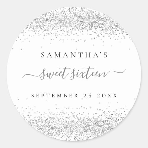 Silver Glitter Name Date Sweet Sixteen Party Classic Round Sticker