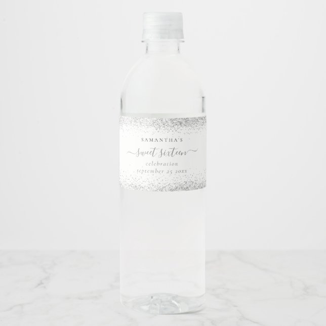 Silver Glitter Name Date Sweet Sixteen Party Water Bottle Label (Front)
