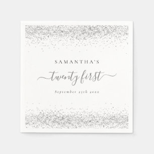 Silver Glitter Name Date Twenty First Party Napkins