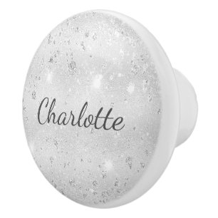 Silver glitter name elegant glamorous ceramic knob