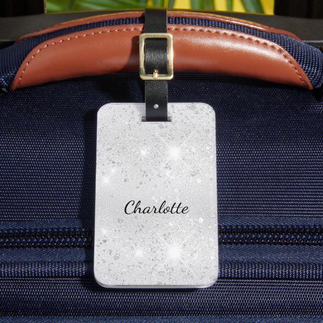 Silver glitter name glamorous luggage tag (Front Insitu 2)