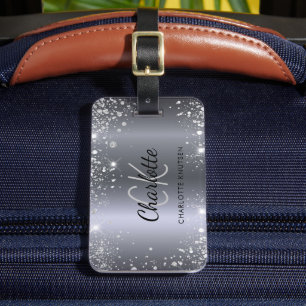 Silver glitter name monogram initials luggage tag