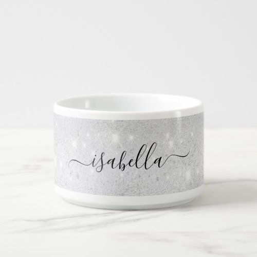 Silver glitter name script bowl