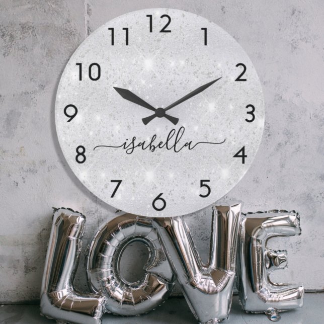 Silver glitter name script large clock (Creator Uploaded)