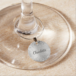 Silver glitter name script wine charm