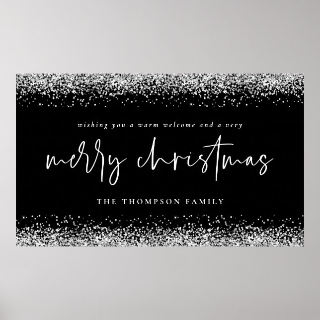 Silver Glitter Name Welcome Merry Christmas Black Poster (Front)