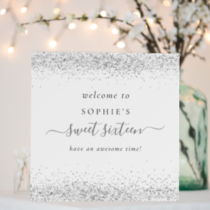 Silver Glitter Name Welcome to Sweet Sixteen Party Foam Board