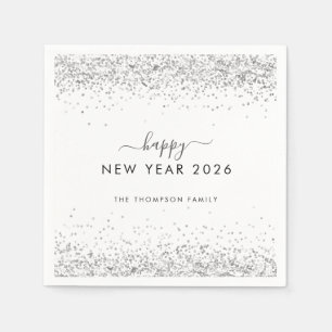 Silver Glitter Name White Happy New Year 2026 Napkins