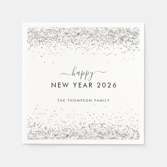 Silver Glitter Name White Happy New Year 2026 Napkins (Front)