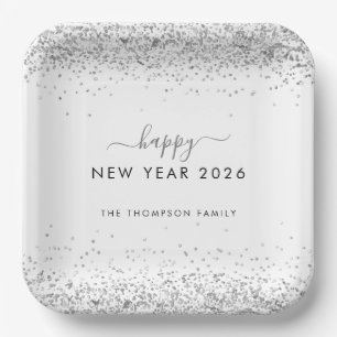Silver Glitter Name White Happy New Year 2026 Paper Plates
