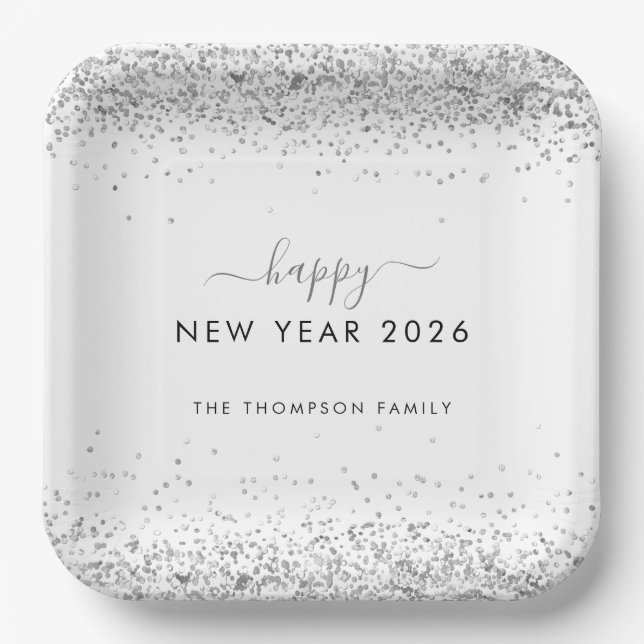 Silver Glitter Name White Happy New Year 2026 Paper Plates (Front)