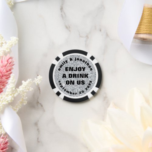 Silver Glitter Names Date Wedding Drink Token 