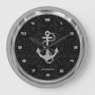 Silver Glitter Nautical Anchor Black Background Large Clock