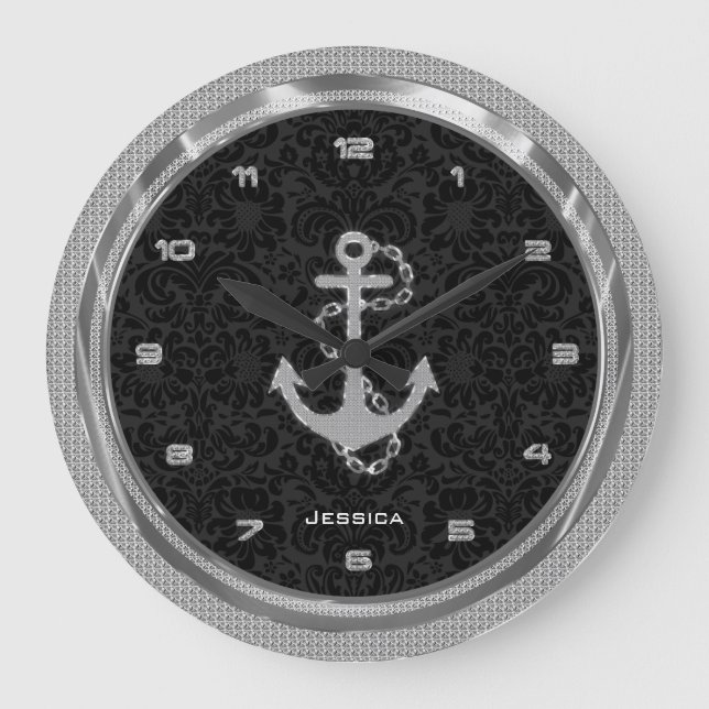 Silver Glitter Nautical Anchor Black Background Large Clock (Front)