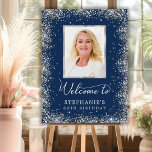 Silver Glitter Navy 60th Birthday Photo Welcome Foam Board<br><div class="desc">Elegant Modern Sparkle navy and silver glitter and Personalized Photo 60th Birthday Welcome Foam Board. This Girly Adult feminine SIXTY (SIXTIETH) OR ANY AGE Birhday party sign featuring a stylish handwritten calligraphy script, silver glam glitter frame around on navy blue background. Ideal for a feminine adult or girly milestone birthday...</div>