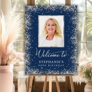 Silver Glitter Navy 60th Birthday Photo Welcome Foam Board