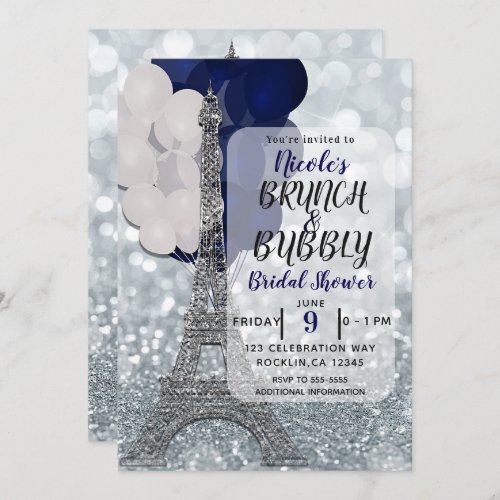 Silver Glitter Navy Balloons Eiffel Tower Paris Invitation