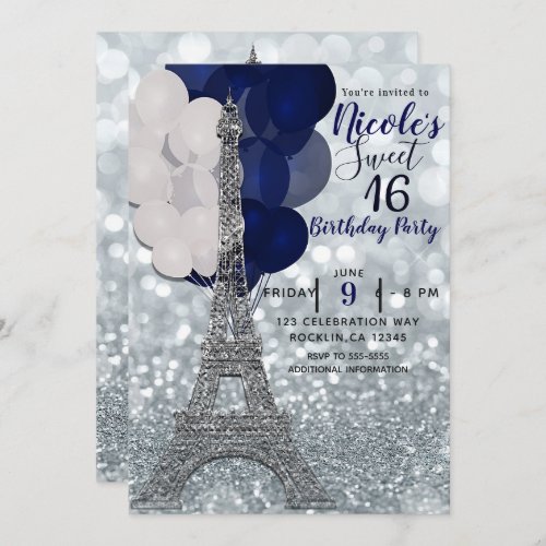 Silver Glitter Navy Balloons Paris Eiffel Tower Invitation