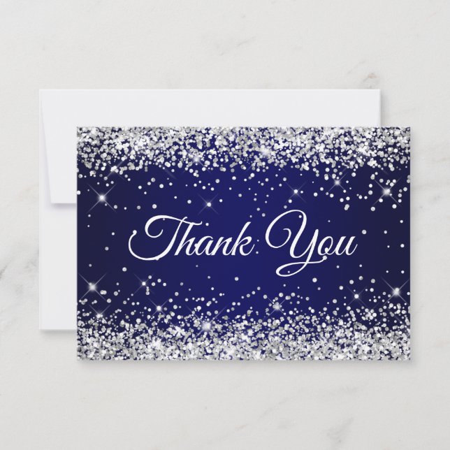 Silver Glitter Navy Blue 40th Birthday Thank You Card (Front)