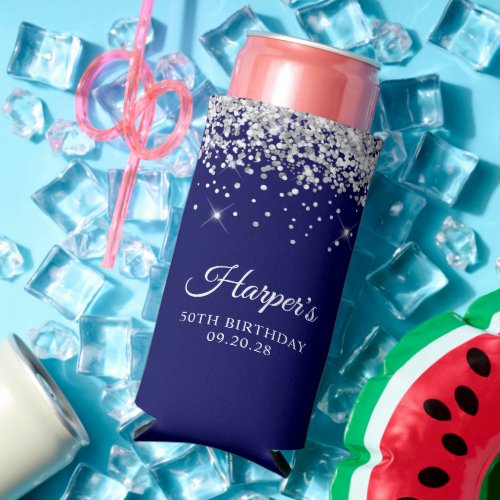 Silver Glitter Navy Blue 50th Birthday Seltzer Can Cooler