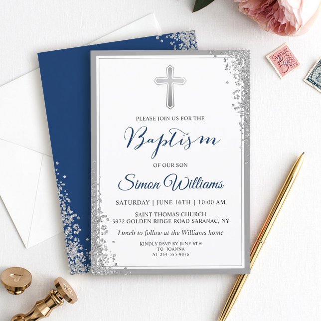 Silver Glitter Navy Blue Boy Baptism Invitation (Creator Uploaded)