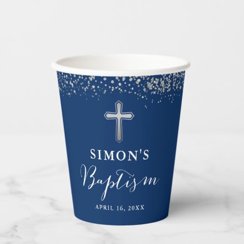 Silver Glitter Navy Blue Boy Baptism  Paper Cups